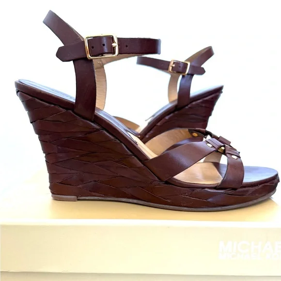 Michael Kors Brown Leather Braided Wedge Sandals for spring - Picture 1 of 5